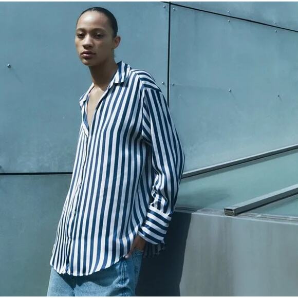 Zara Striped Print Long Sleeve Collared Button-Up Shirt Navy Blue White Medium - Picture 4 of 9